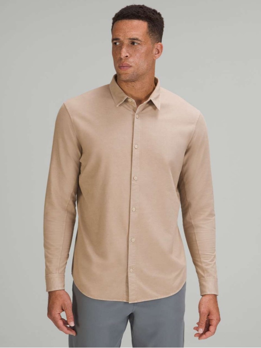 Lululemon Mens Commission Shirt Button Up Long Sleeve Cafe Au Lait Enzyme Dye M